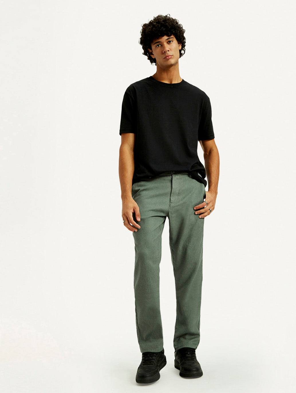 Men's Green Straight Fit Mid Rise Linen Chinos - Elevated View
