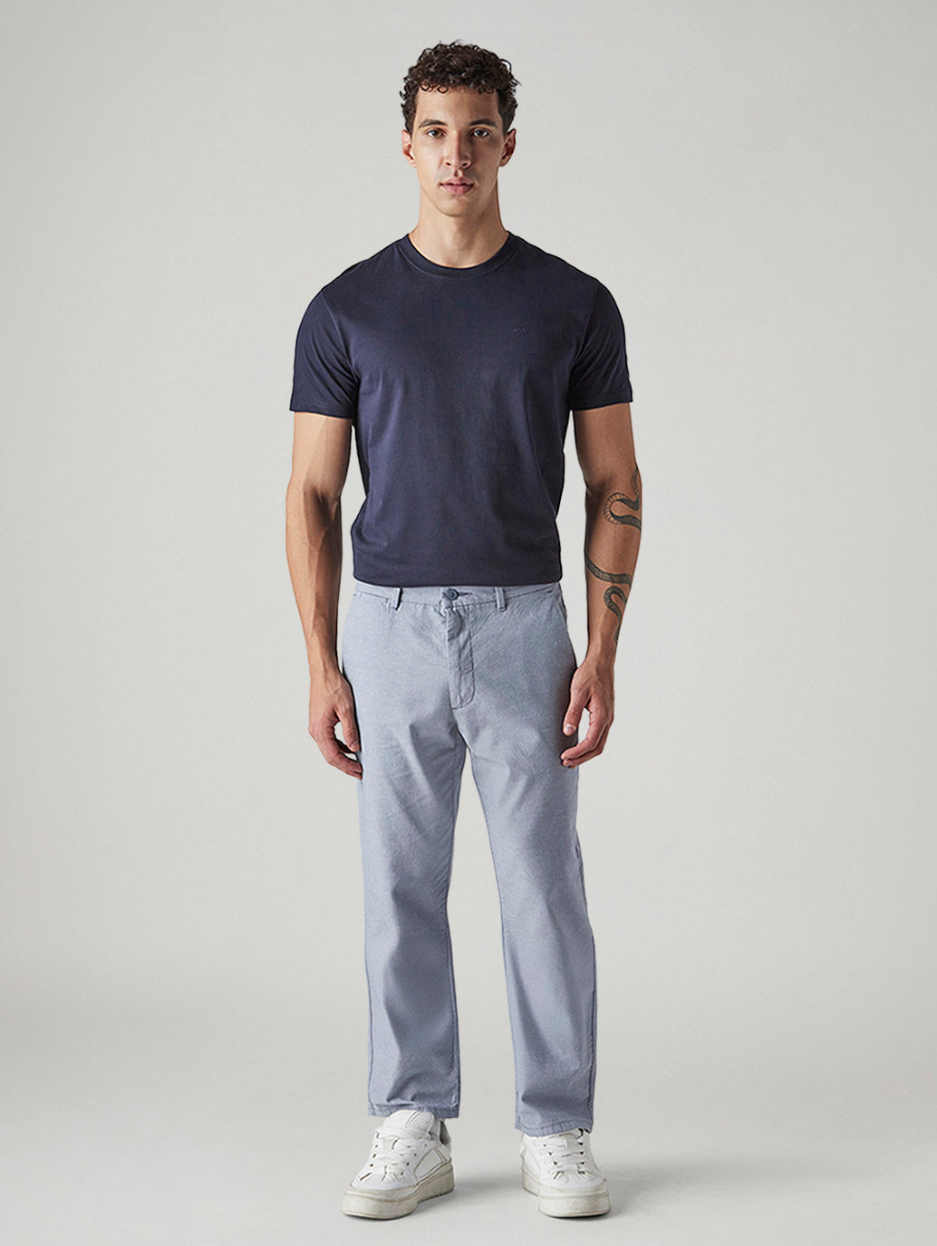 Men's Blue Authentic Relaxed Fit Mid Rise Linen Chinos - Front View