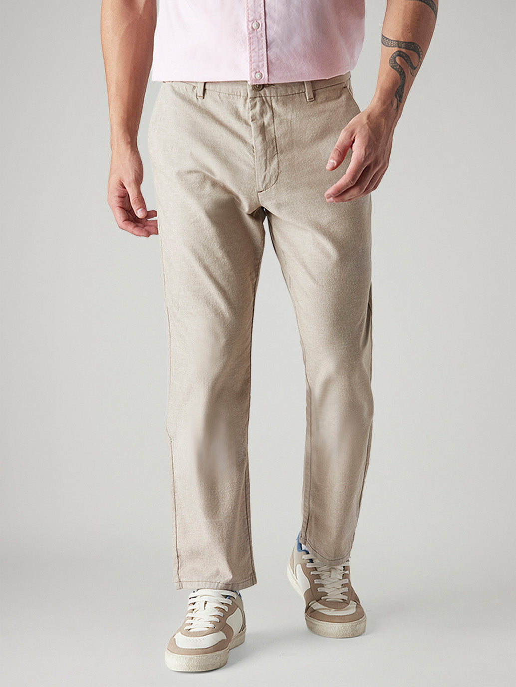 Men's Beige Authentic Relaxed Fit Mid Rise Linen Chinos - Front View