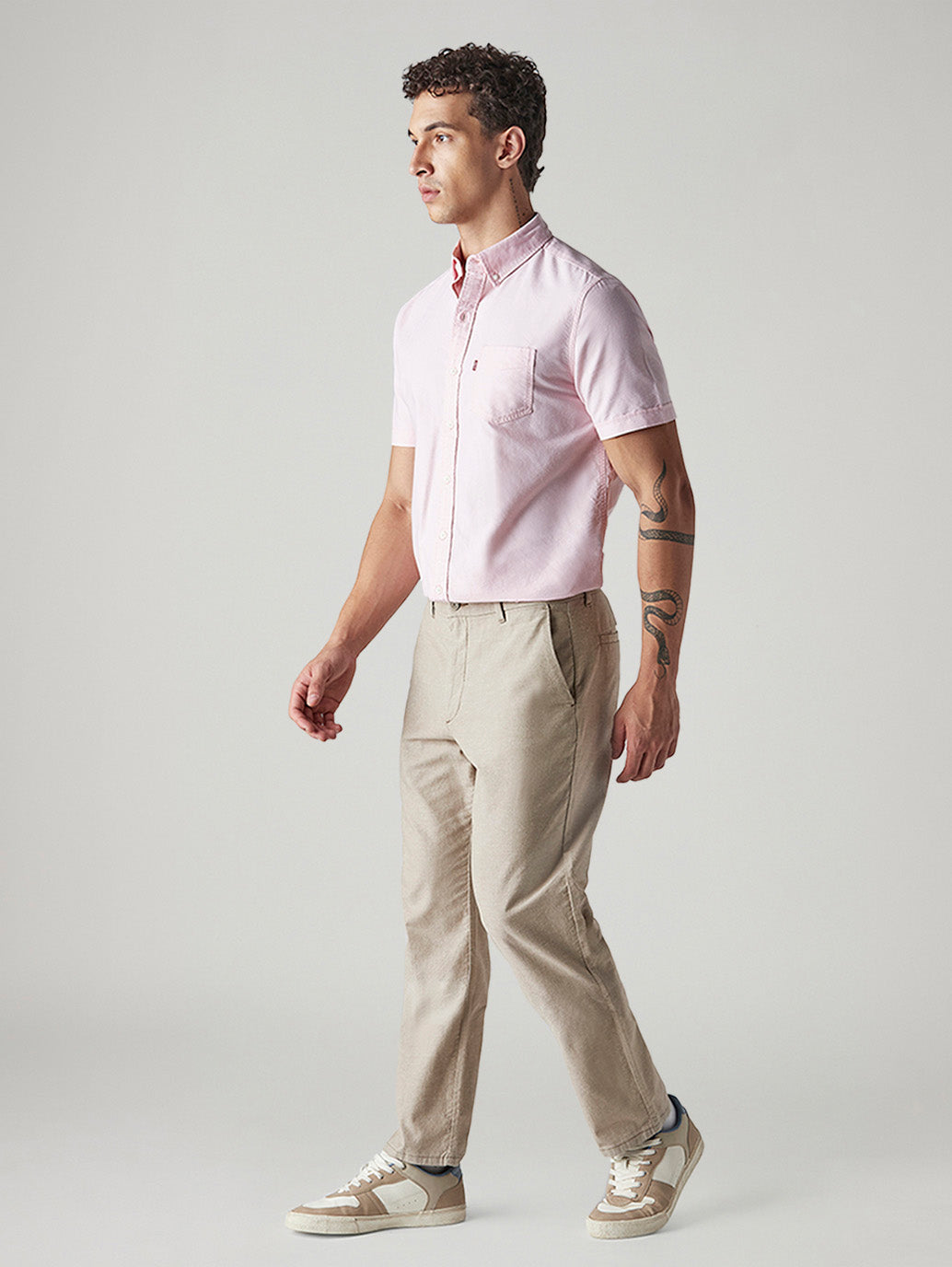 Men's Beige Authentic Relaxed Fit Mid Rise Linen Chinos - Side View