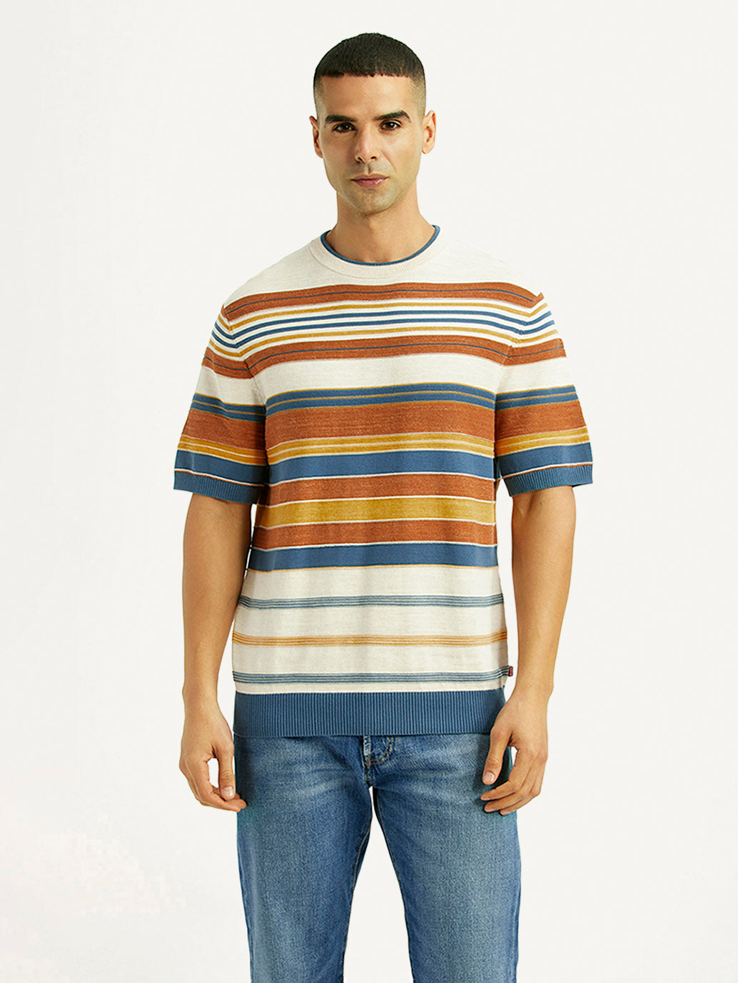 Men's Striped Multicolor Loose Fit T-Shirt - Front View