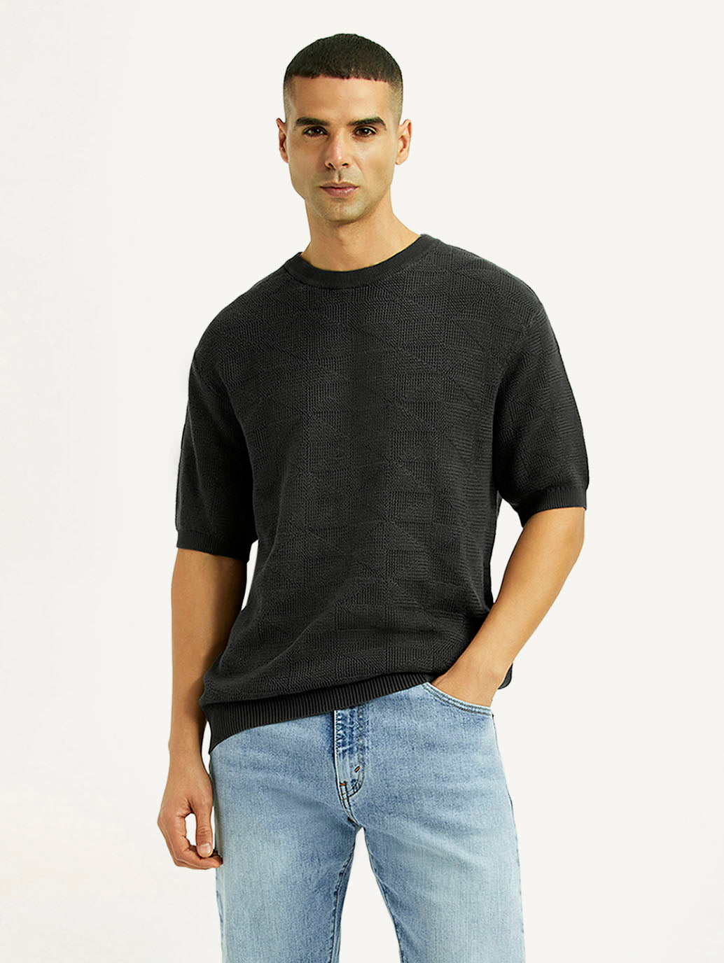 Men's Textured Black Loose Fit T-Shirt - Styleshot View