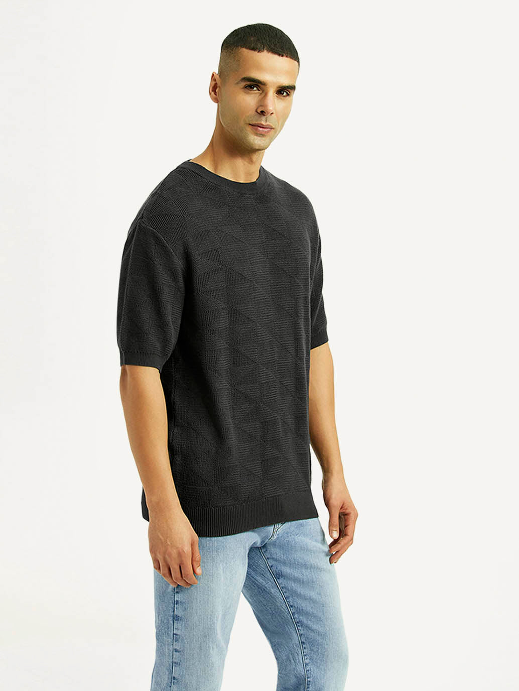 Men's Textured Black Loose Fit T-Shirt - Side View