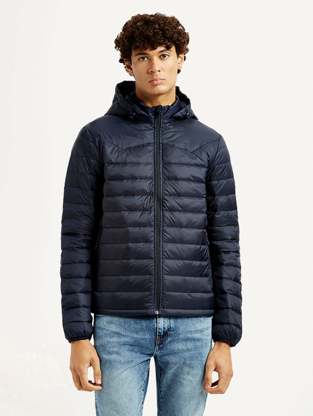Men's Quilted Navy Puffer Jacket - Front View