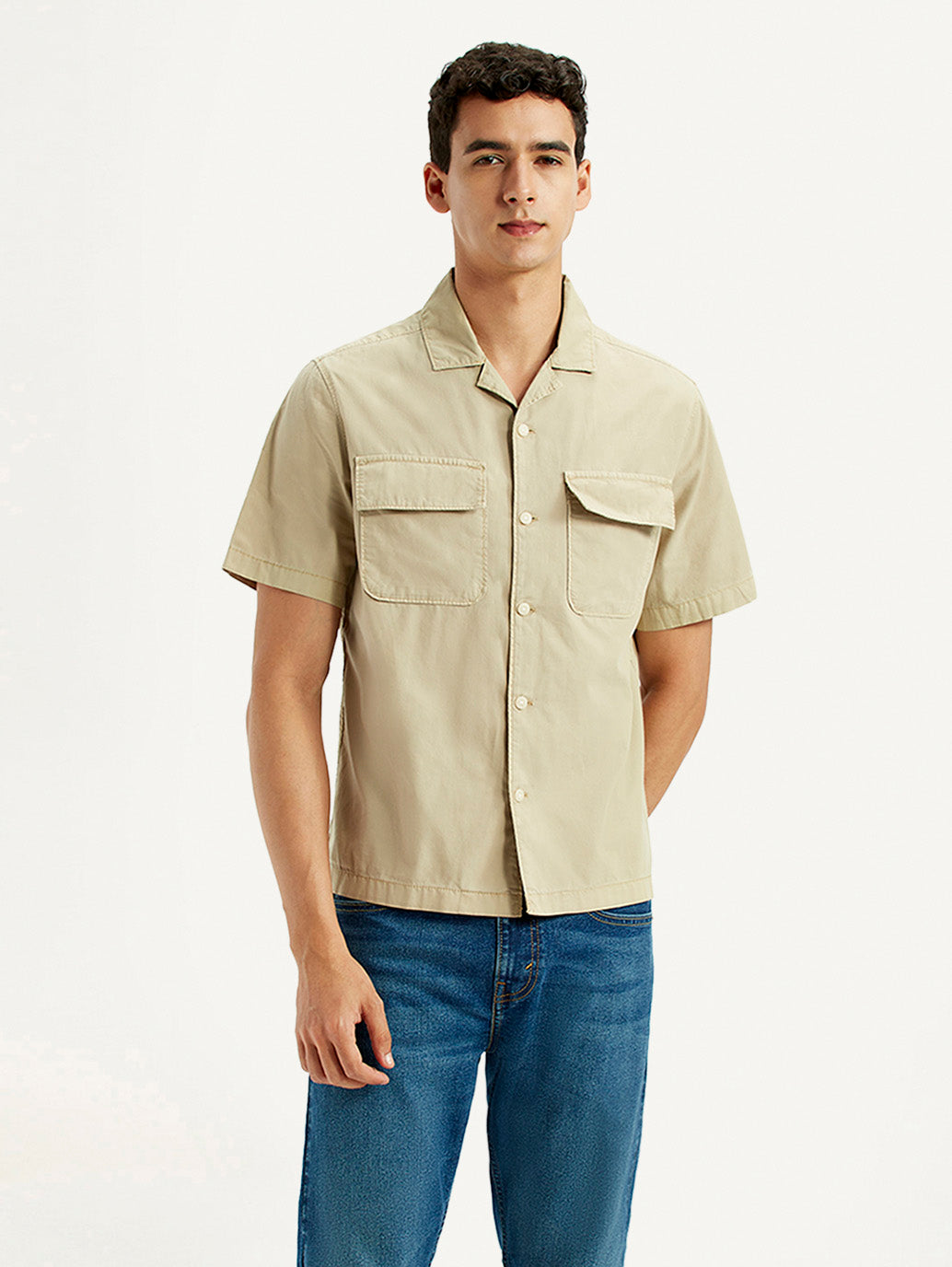 Men's Solid Overdyed Beige Relaxed Fit Resort Collar Shirt - Front View