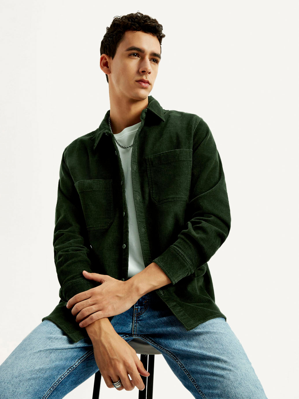 Men's Solid Spread Collar Corduroy Shacket - Elevated View