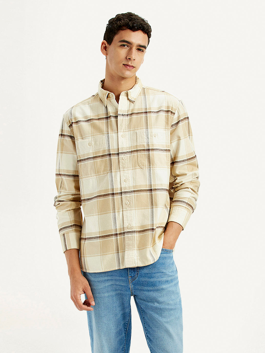 Men's Checkered Beige Flannel Relaxed Fit Shirt