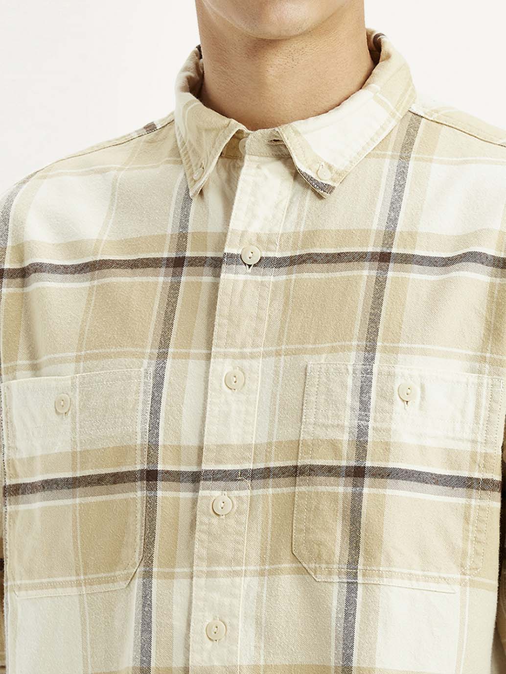 Men's Checkered Beige Flannel Shirt - Detail View