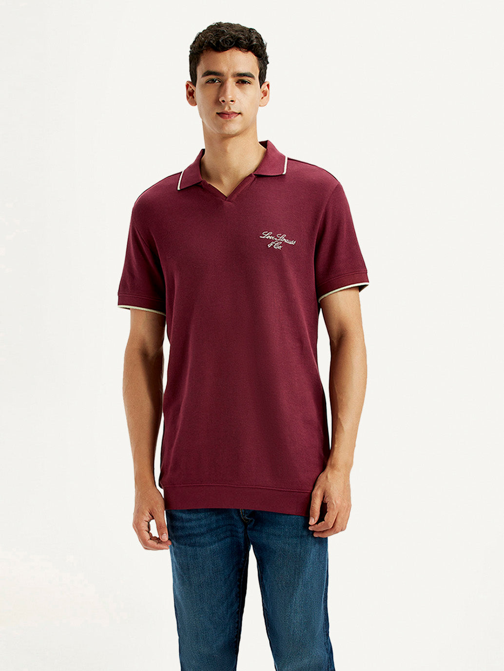 Men's Solid Maroon Slim Fit Polo T-shirt - Front View
