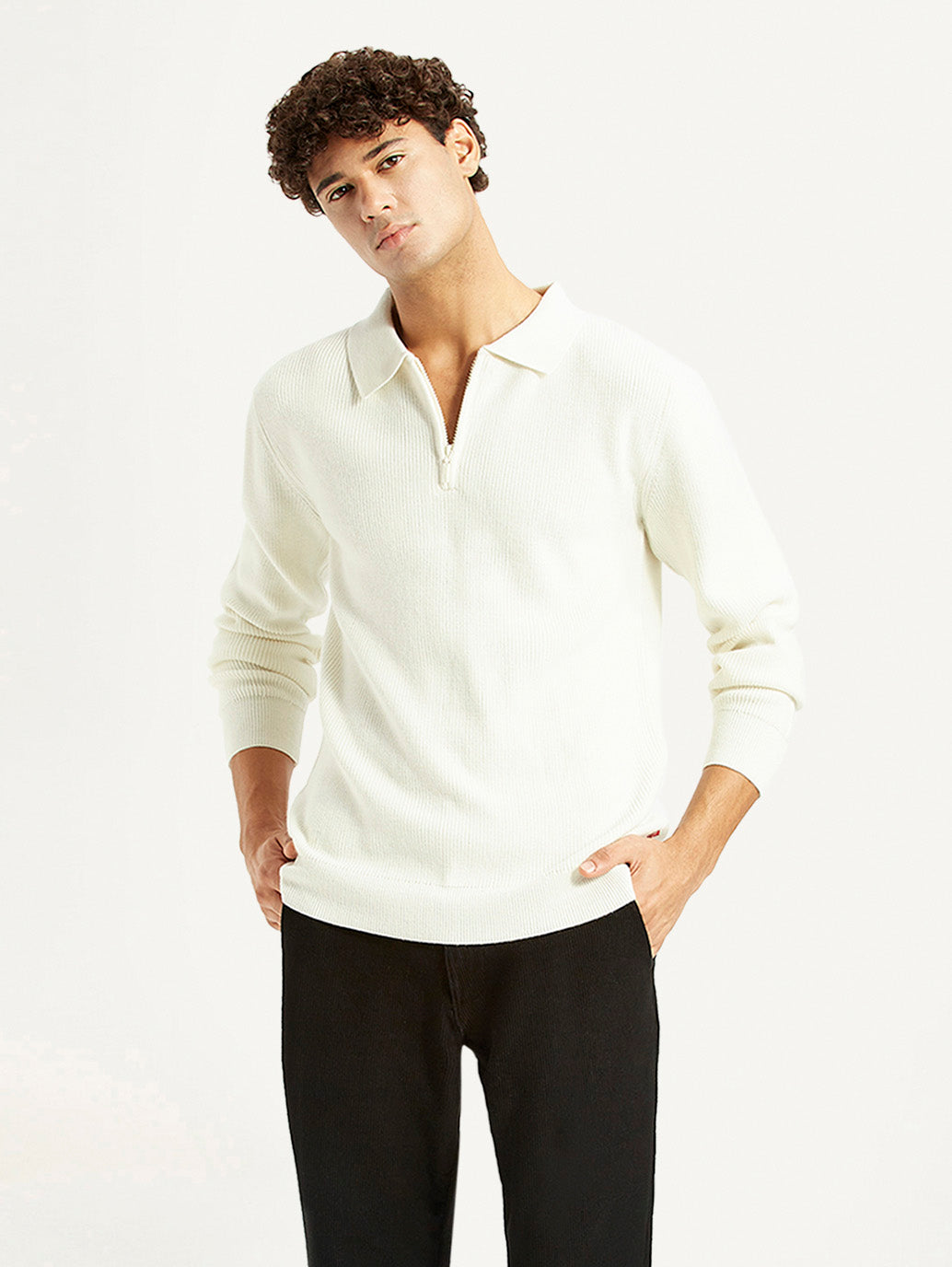 Men's Self Design Off White Polo Neck Sweater - Styleshot View