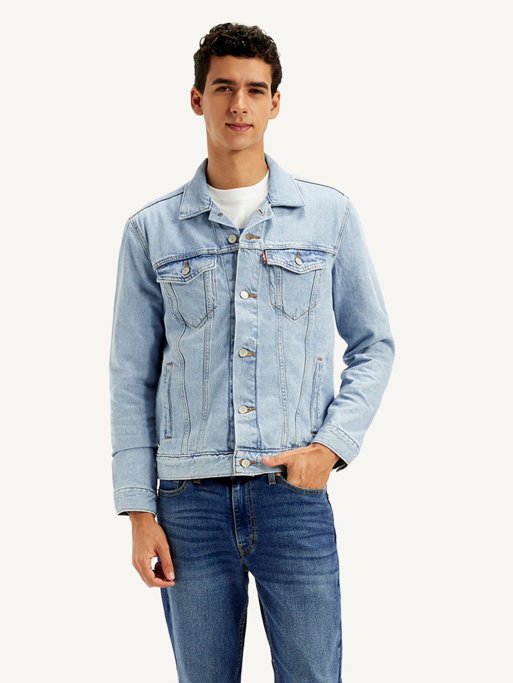 Men's Solid Blue Spread Collar Denim Jacket - Front View