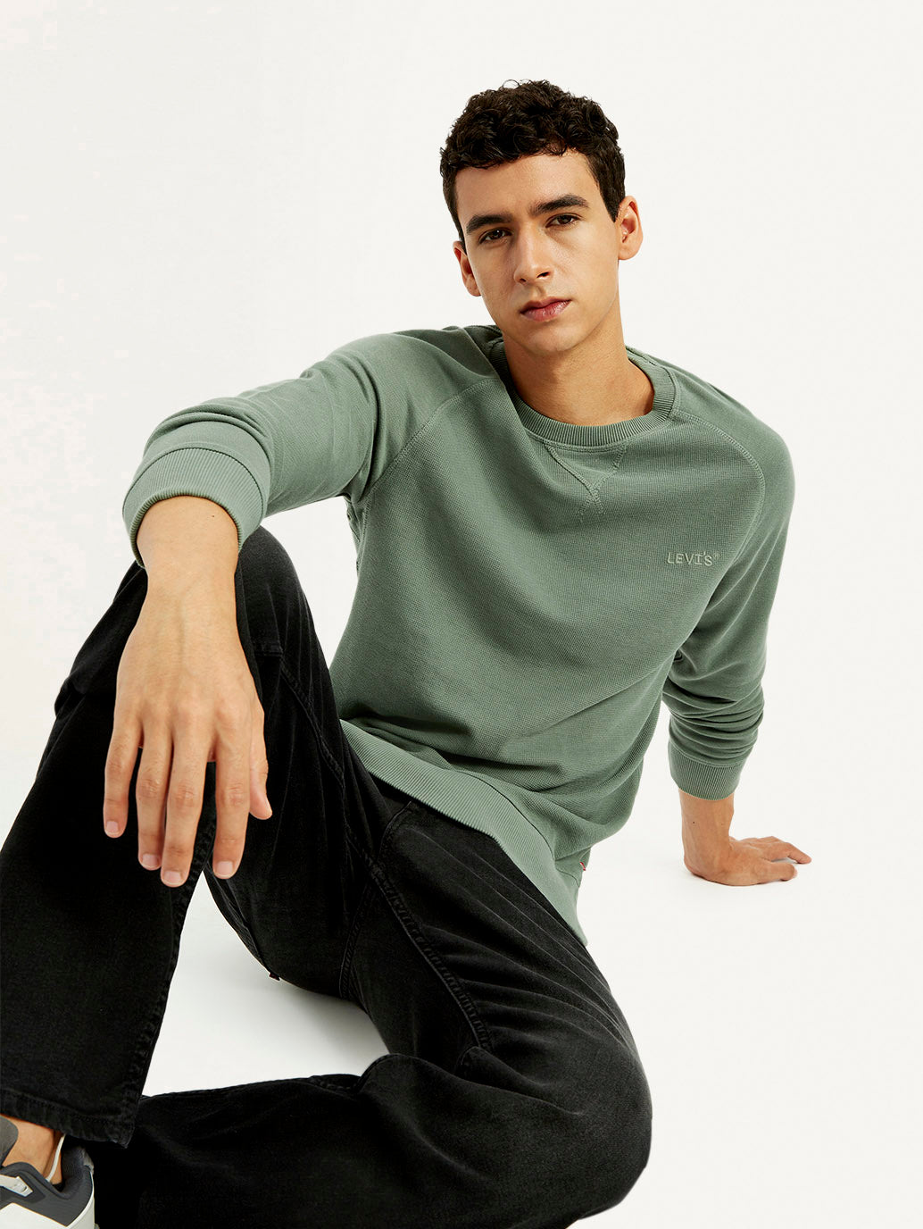 Men's Solid Green Crew Neck Sweatshirt - Elevated View