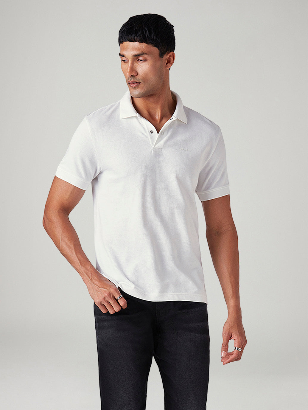 Men's Solid Slim Fit Textured Polo T-Shirt - Front View