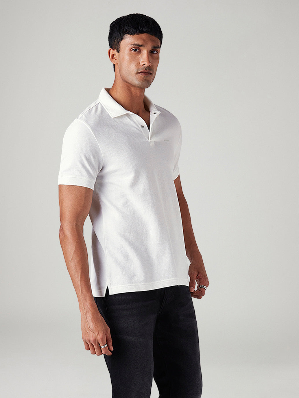 Men's Solid Slim Fit Textured Polo T-Shirt - Side View