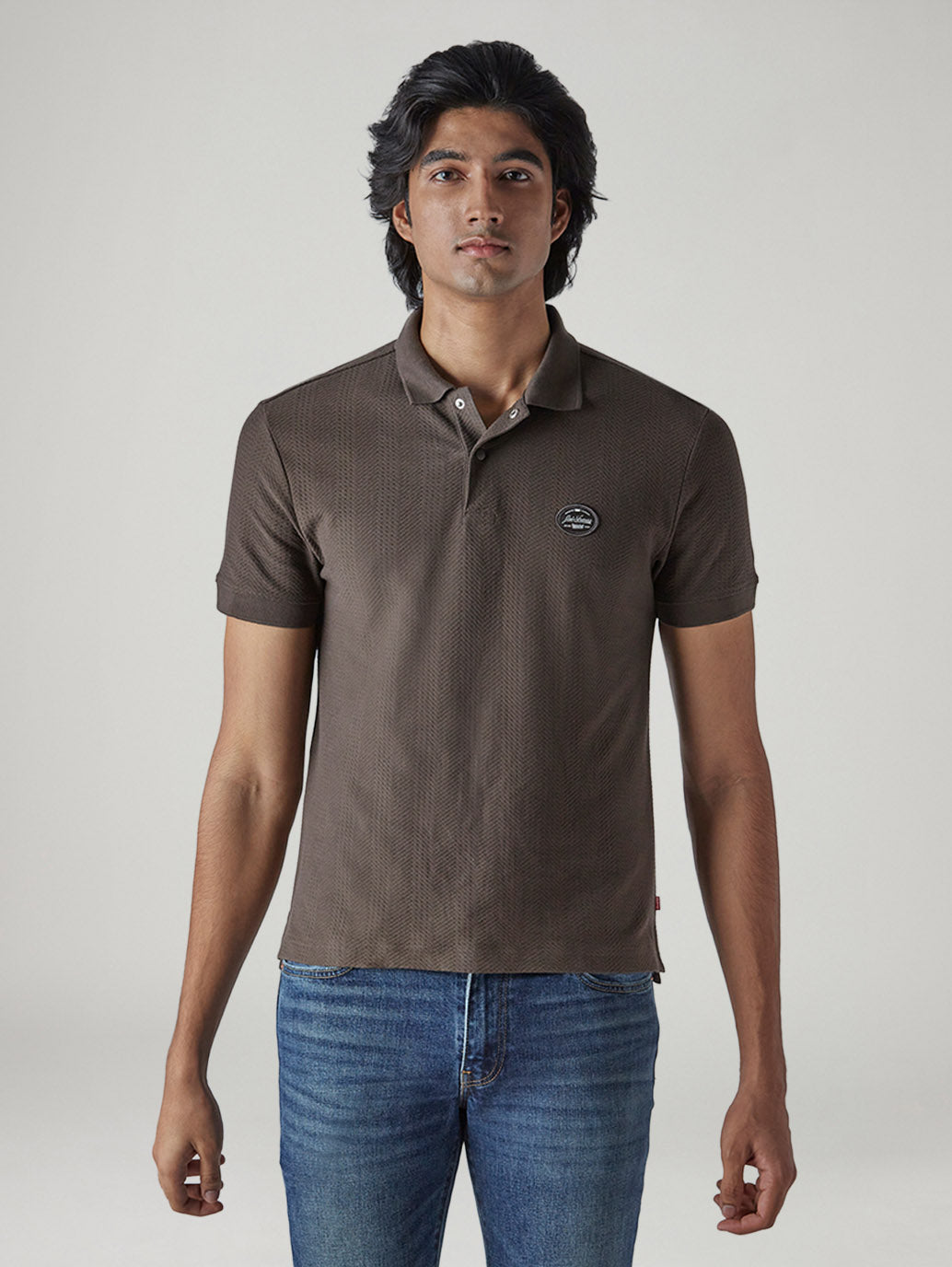 Men's Self Design Brown Polo T-shirt - Front View