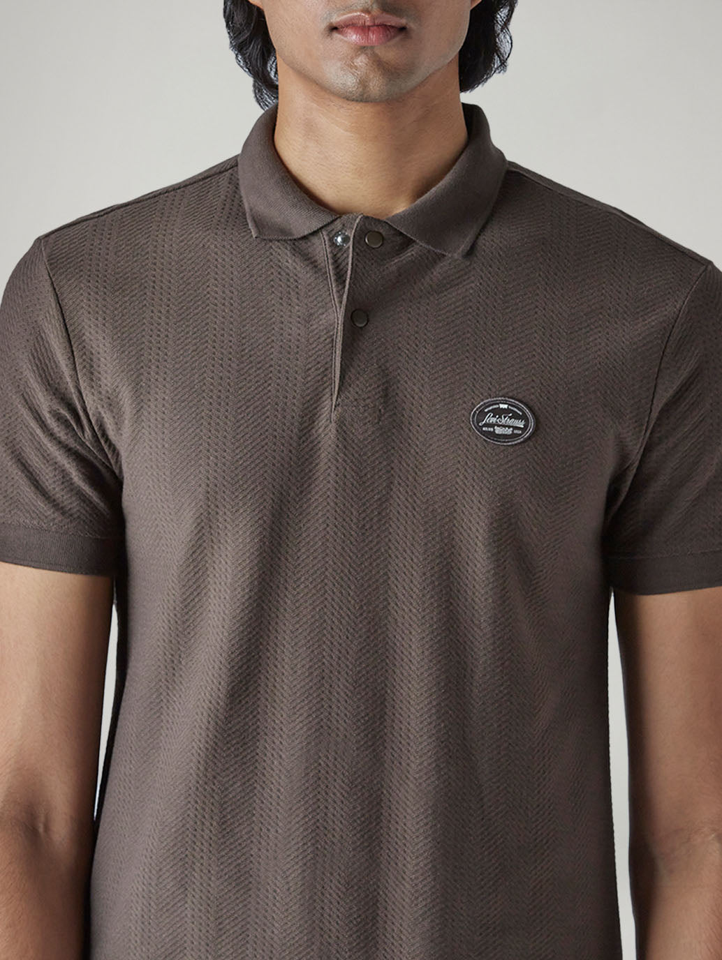 Men's Self Design Brown Polo T-shirt - Detail View