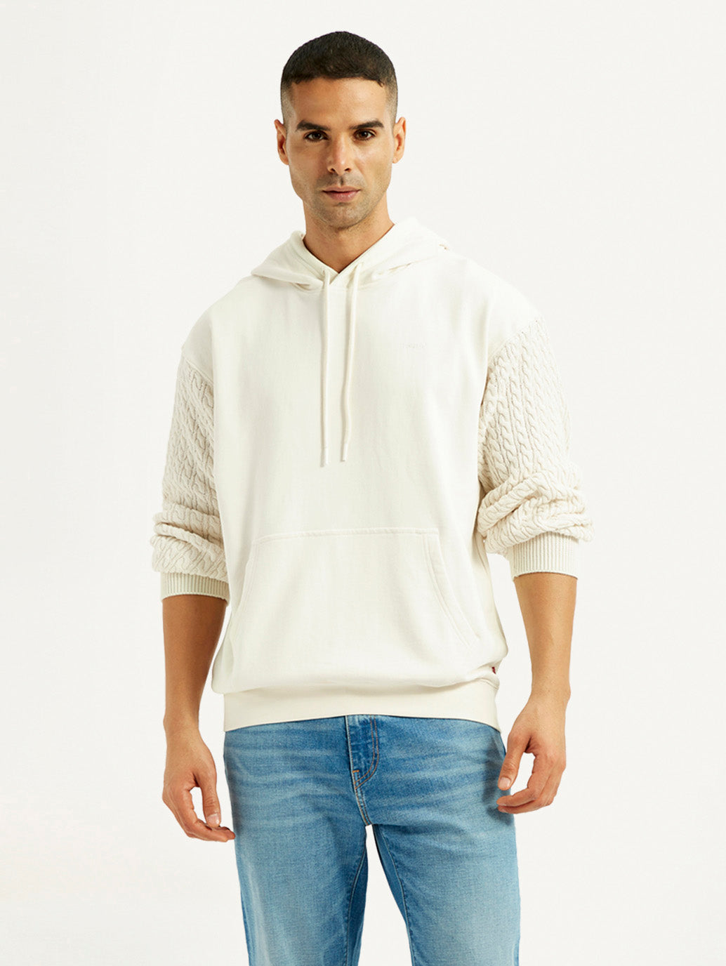 Men's Knitted Off White Hooded Sweatshirt - Front View