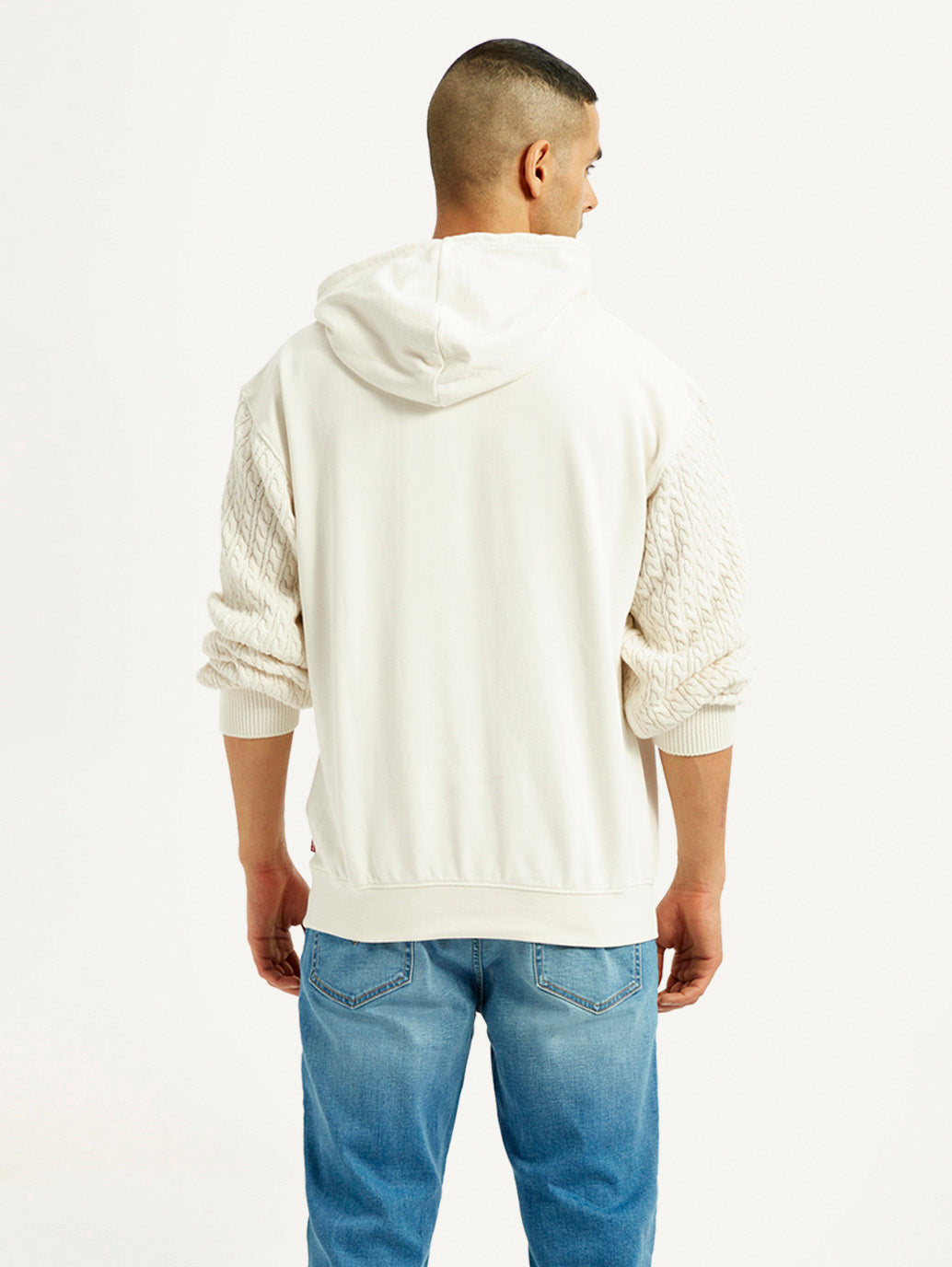 Men's Knitted Off White Hooded Sweatshirt - Back View