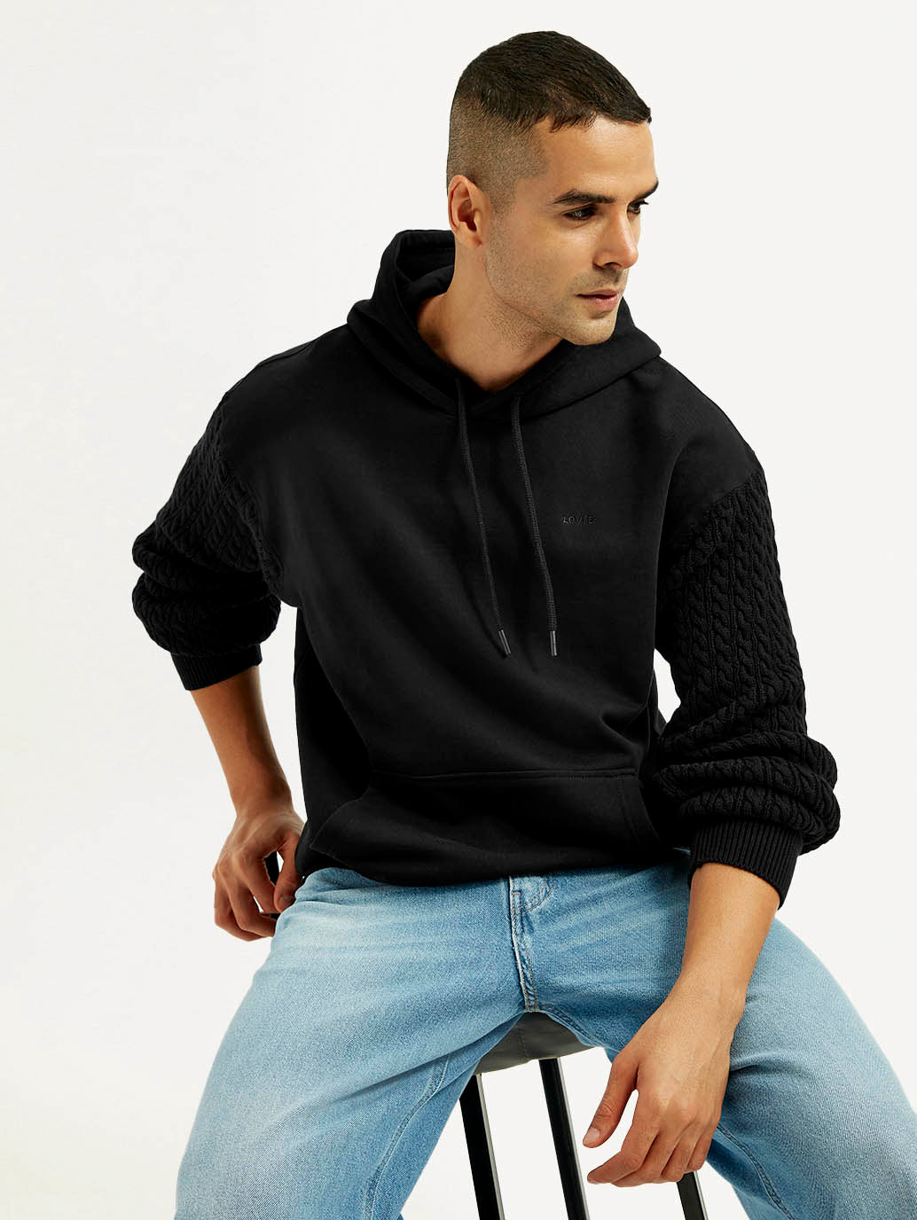 Men's Knitted Black Hooded Sweatshirt - Elevated View