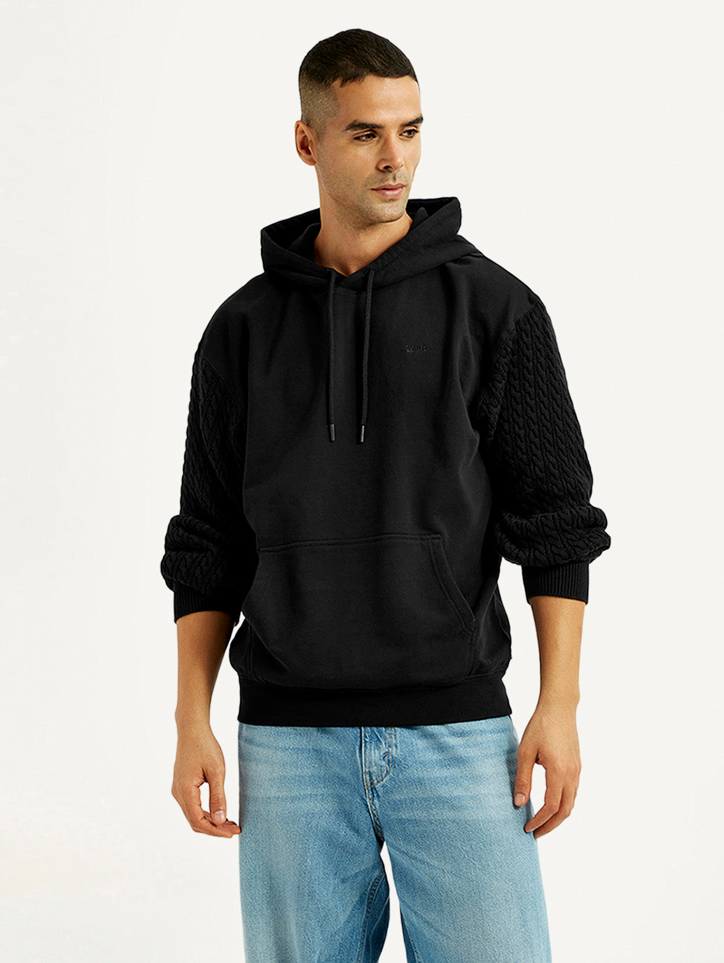 Men's Knitted Black Hooded Sweatshirt - Front View