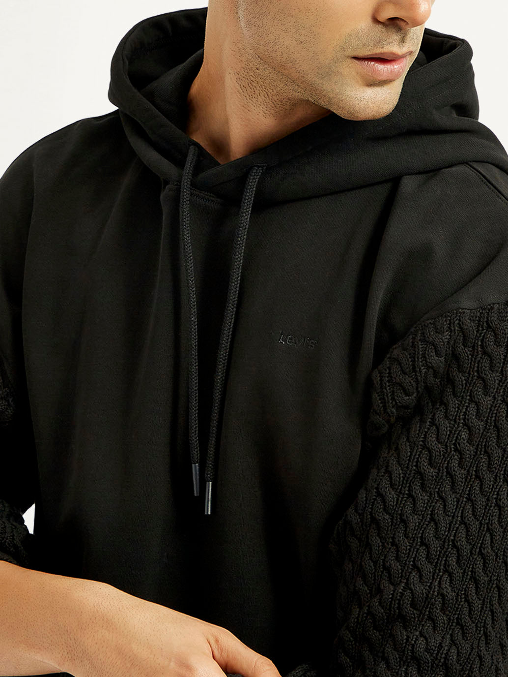 Men's Knitted Black Hooded Sweatshirt - Detail View