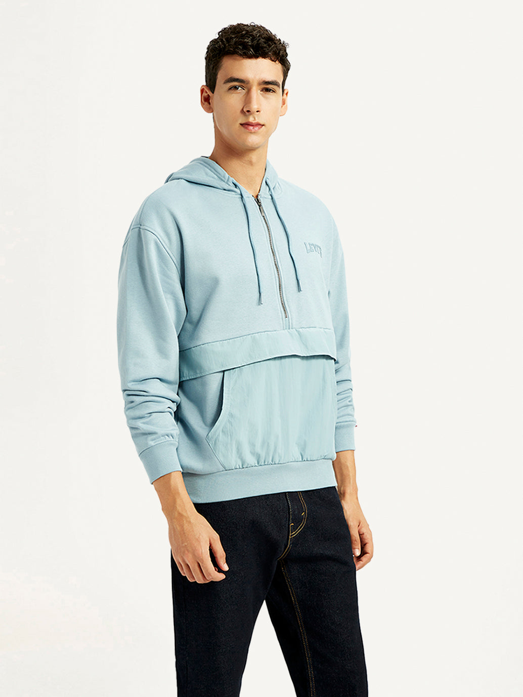 Men's Solid Blue Hooded Sweatshirt - Side View