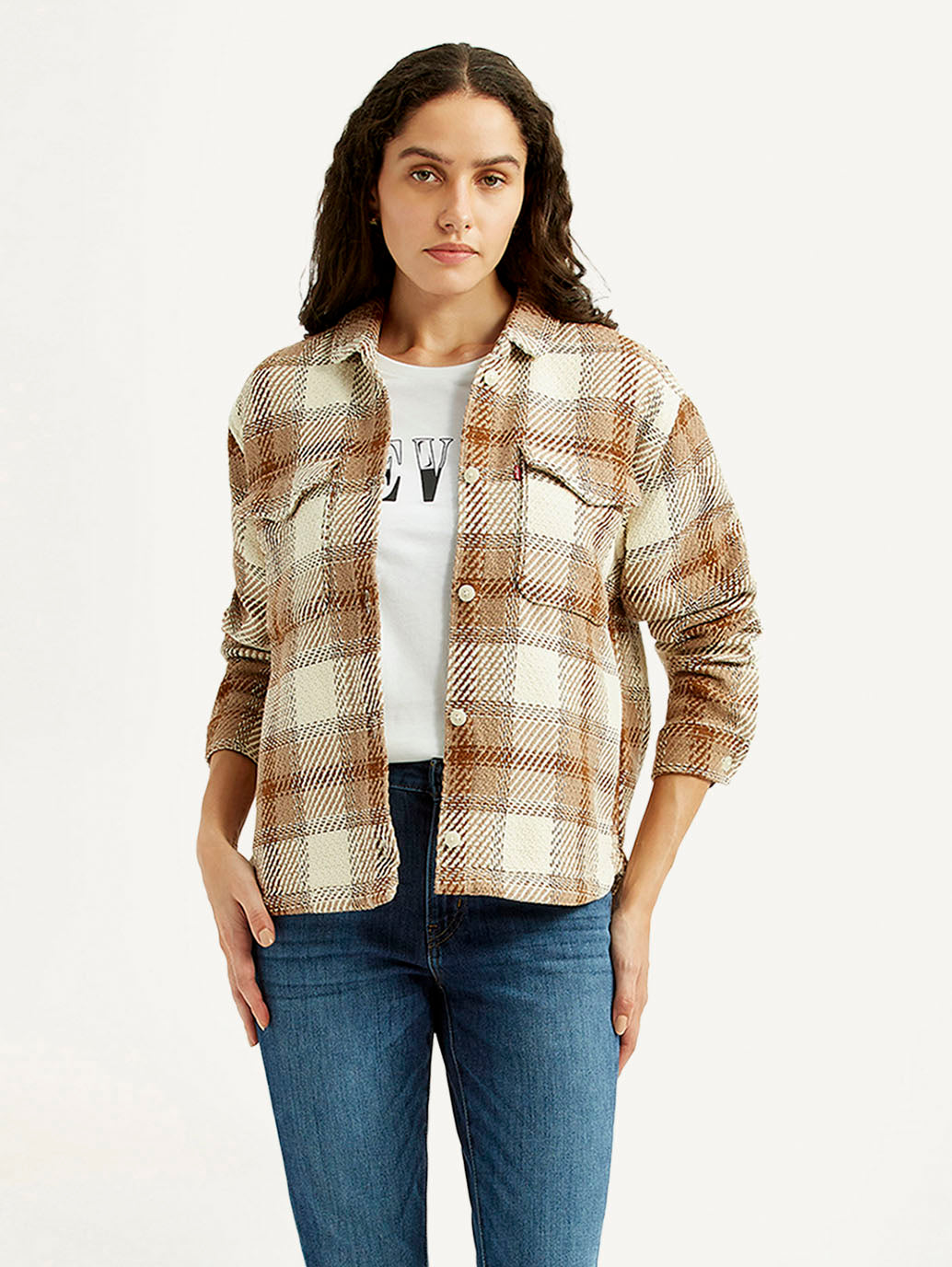 Women's Plaid Light Brown Slim Fit Shirt
