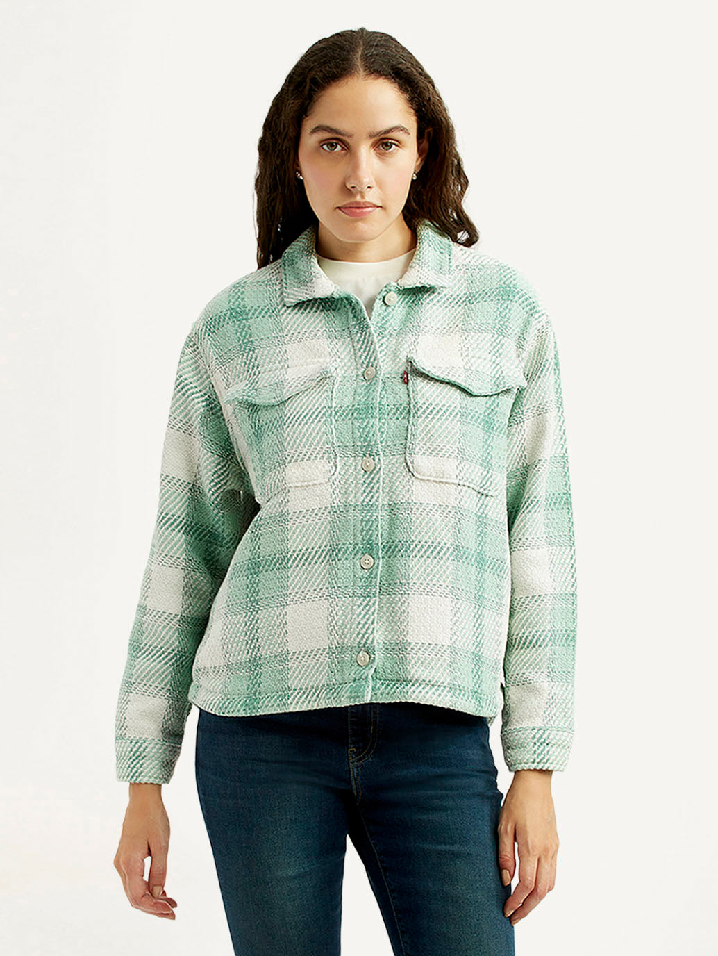 Women's Plaid Green Slim Fit Shirt - Front View