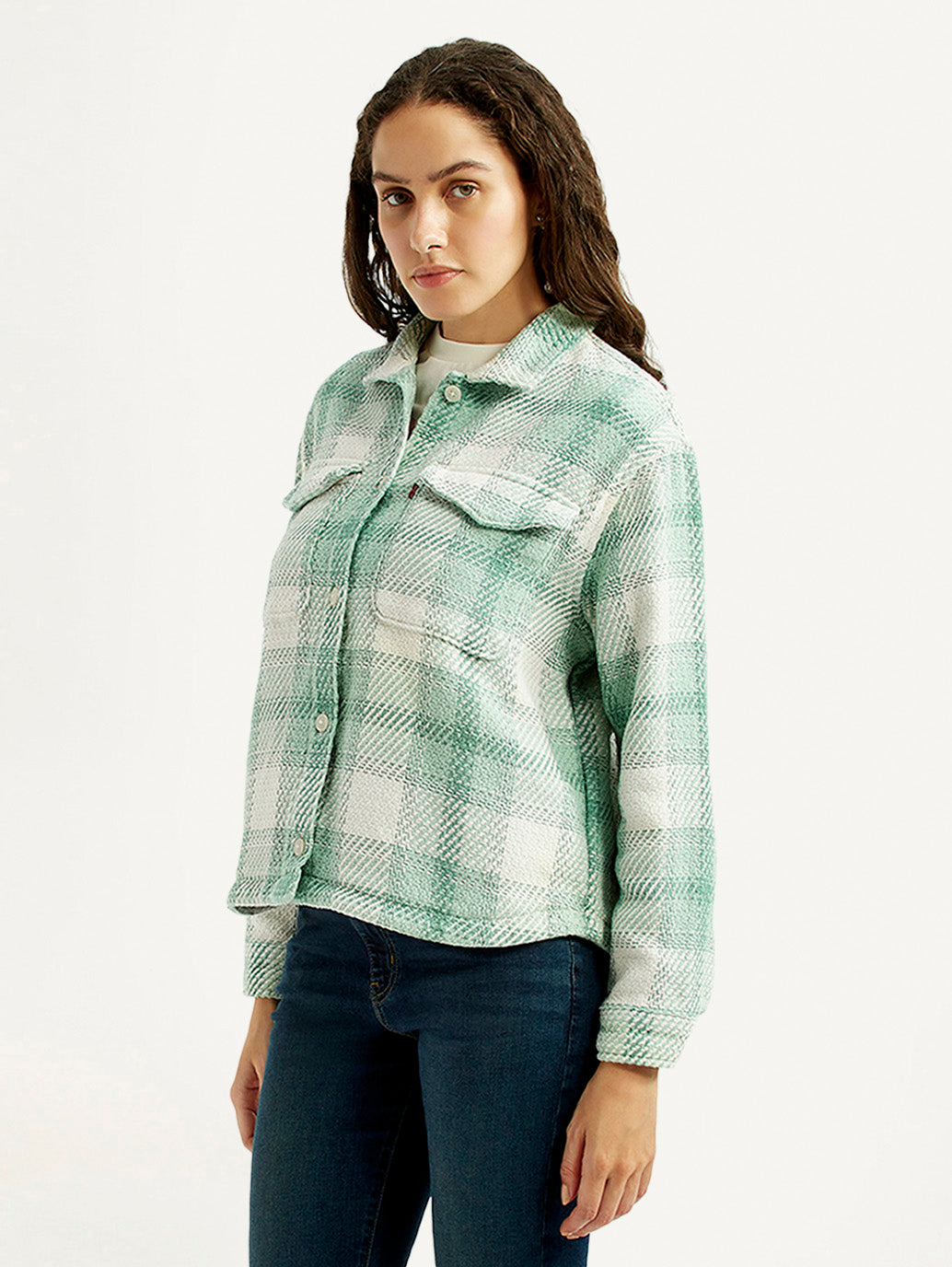 Women's Plaid Green Slim Fit Shirt - Side View