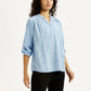 Women's Self Design Light Blue Mandarin Collar Top - Styleshot View