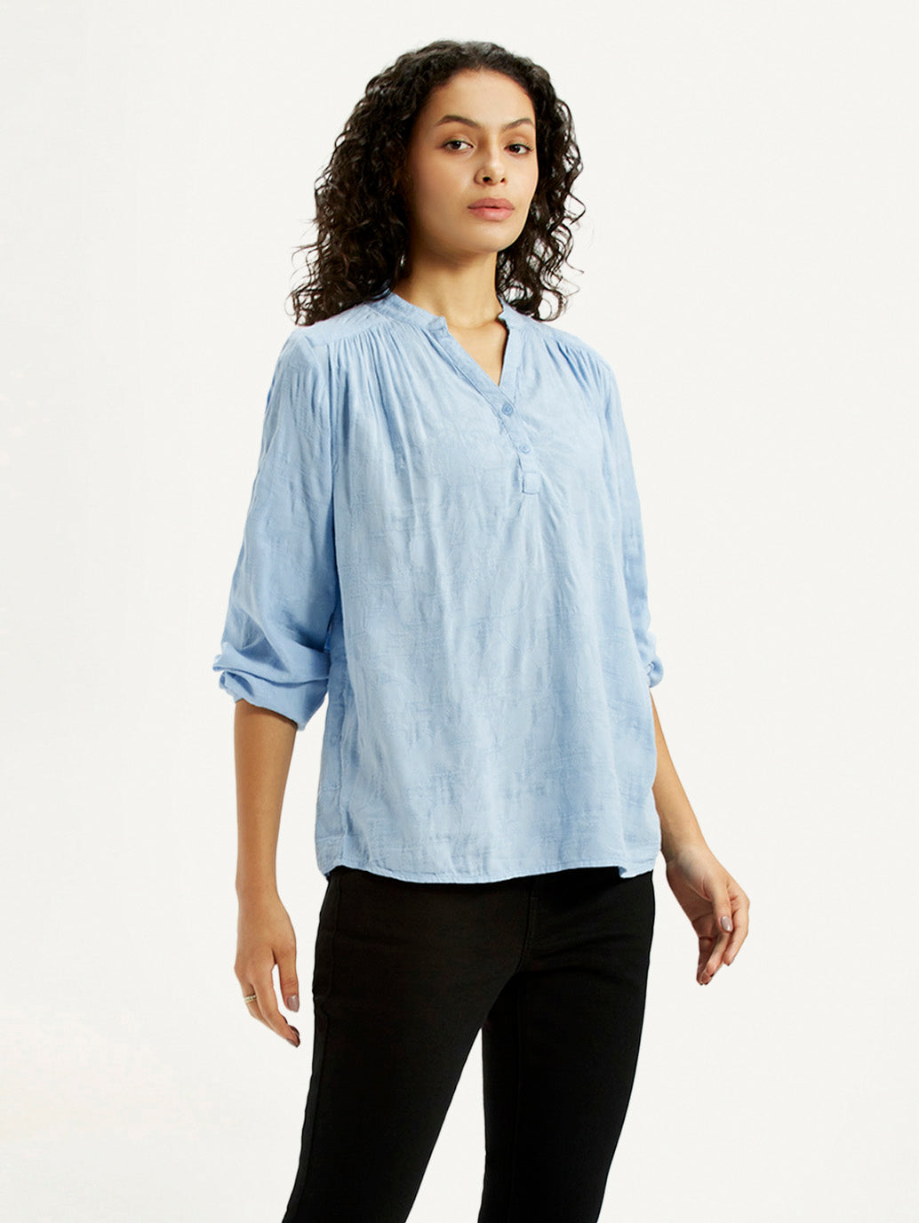Women's Self Design Light Blue Mandarin Collar Top