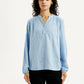 Women's Self Design Light Blue Mandarin Collar Top - Front View