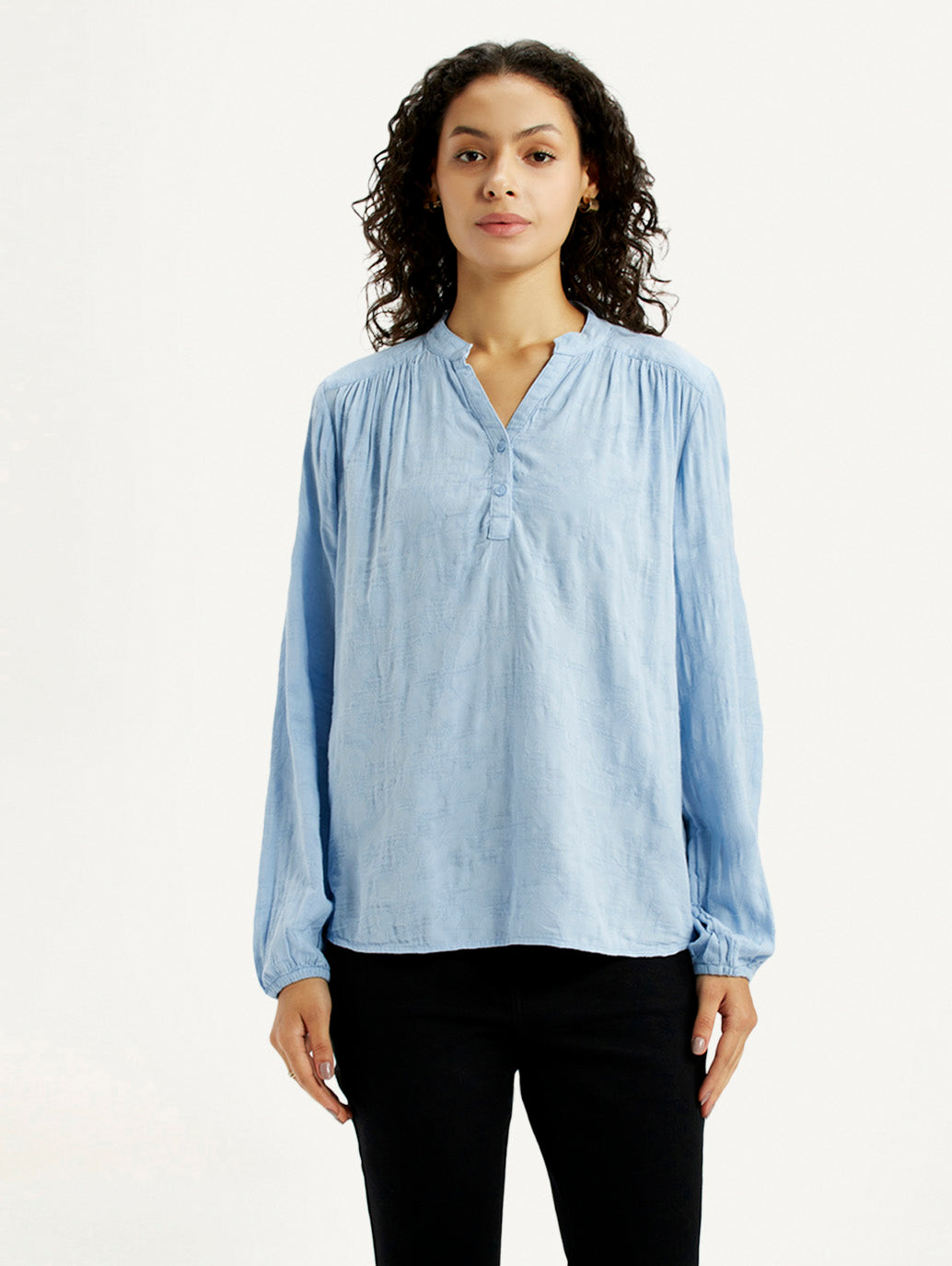 Women's Self Design Light Blue Mandarin Collar Top - Front View