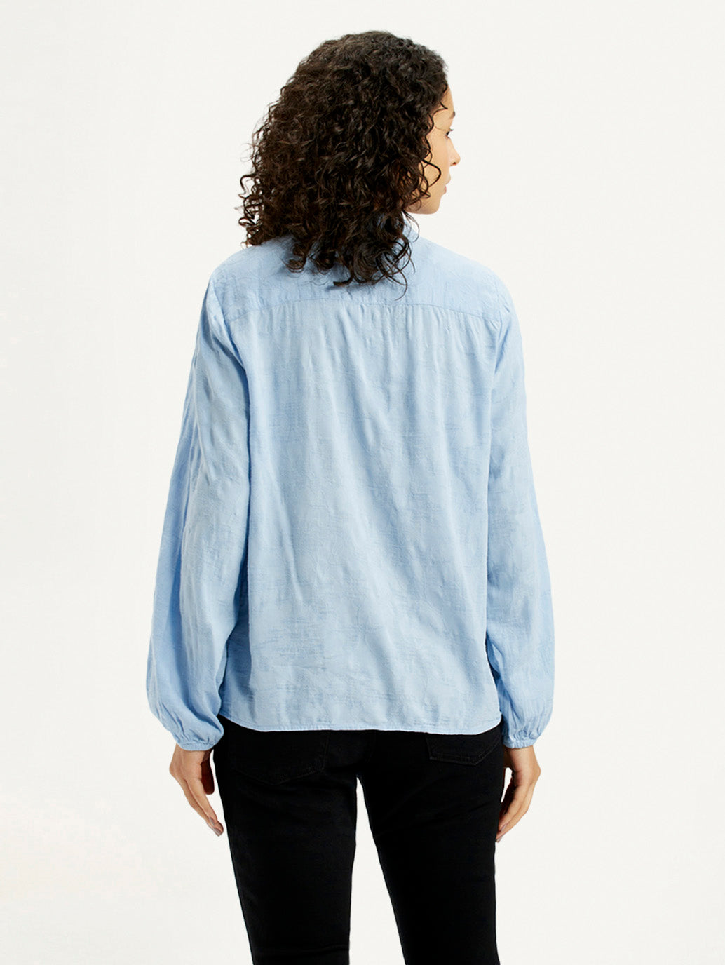 Women's Self Design Light Blue Mandarin Collar Top - Back View