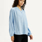 Women's Self Design Light Blue Mandarin Collar Top - Side View