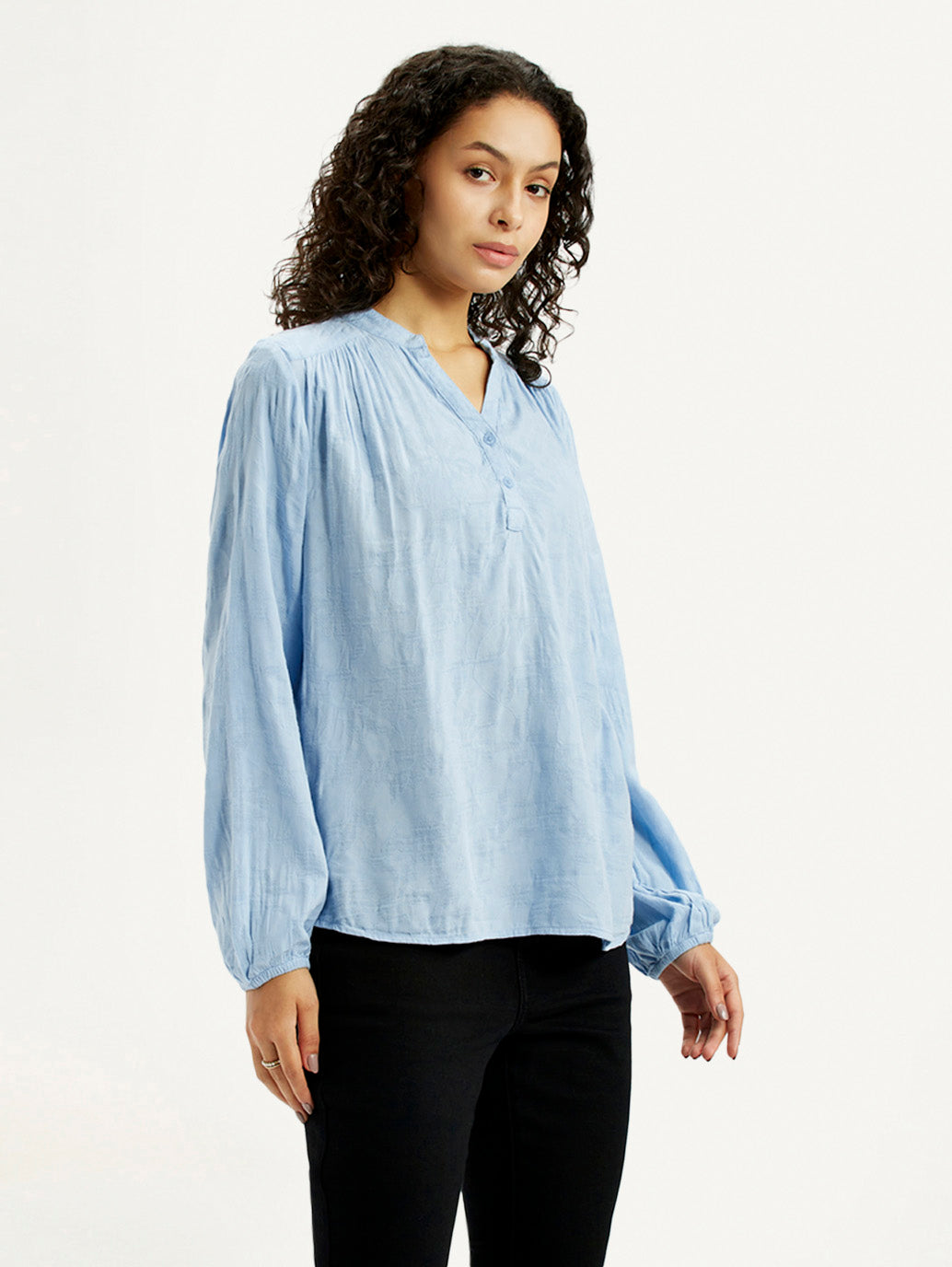 Women's Self Design Light Blue Mandarin Collar Top - Side View