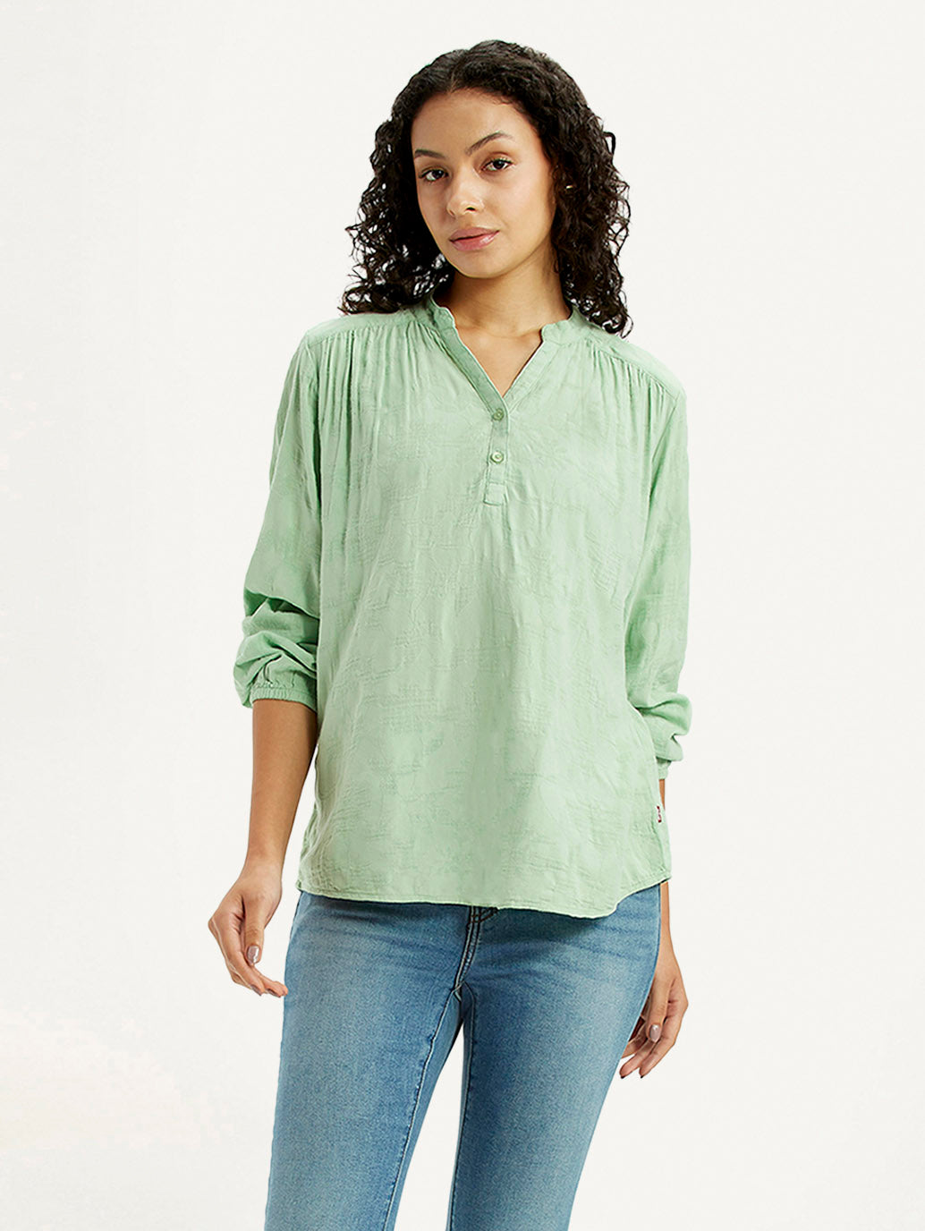 Women's Self Design Light Green Mandarin Collar Top - Styleshot View
