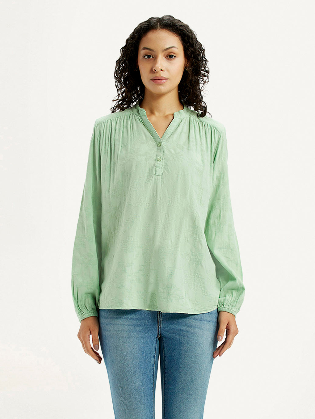 Women's Self Design Light Green Mandarin Collar Top - Front View