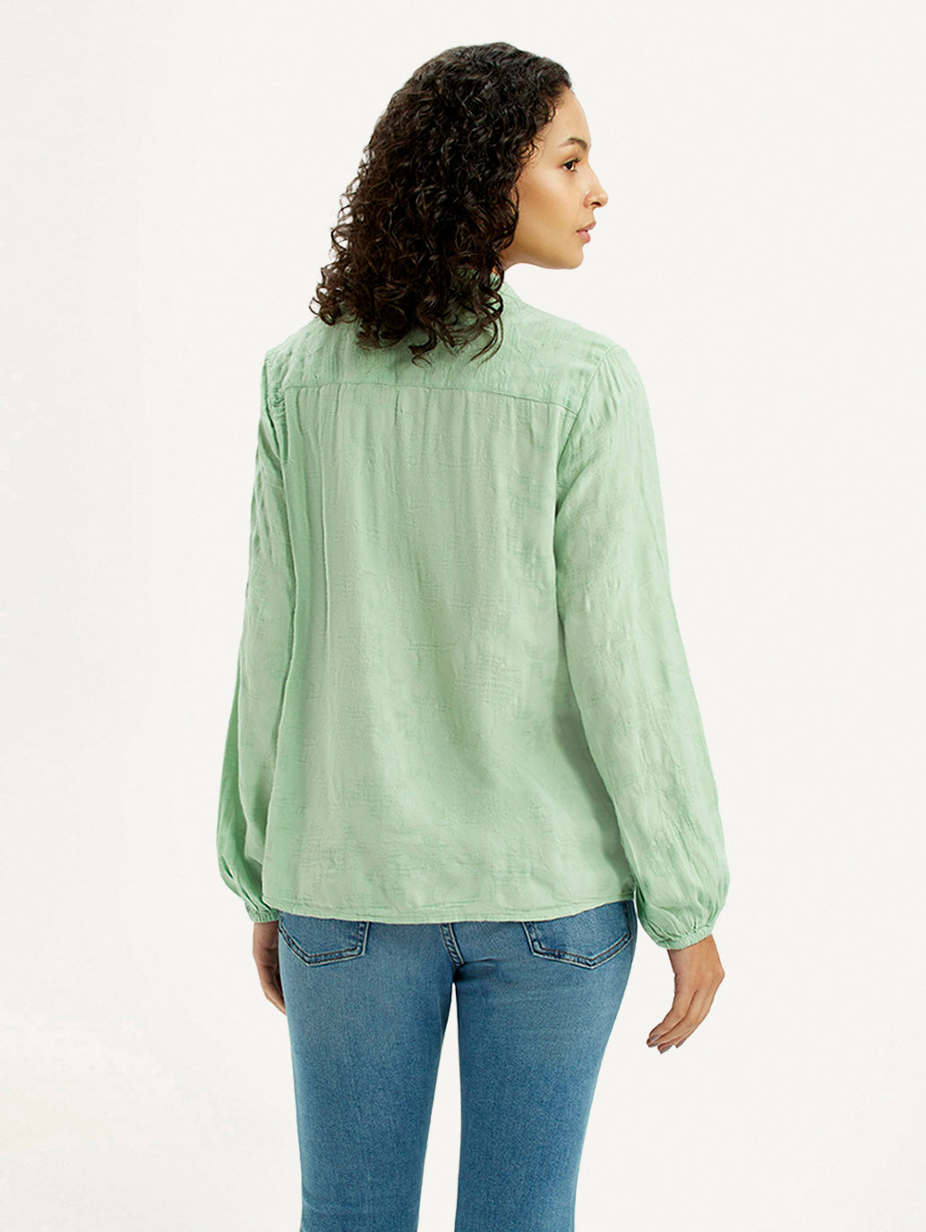 Women's Self Design Light Green Mandarin Collar Top - Back View