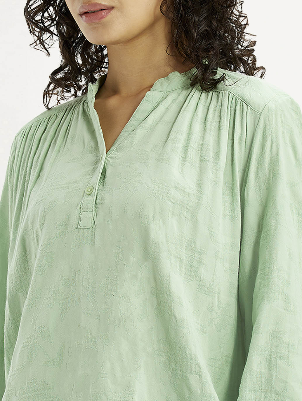 Women's Self Design Light Green Mandarin Collar Top - Detail View