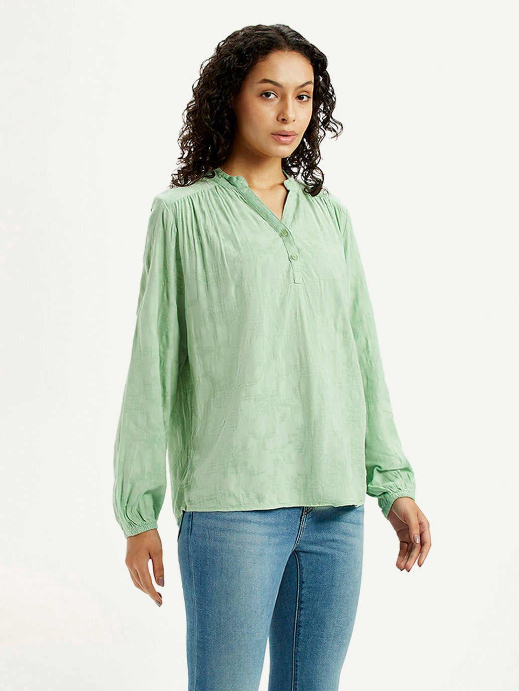 Women's Self Design Light Green Mandarin Collar Top - Side View