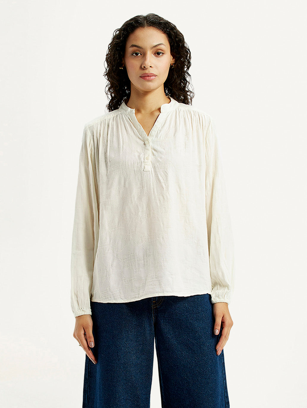 Women's Self Design Off White Mandarin Collar Top