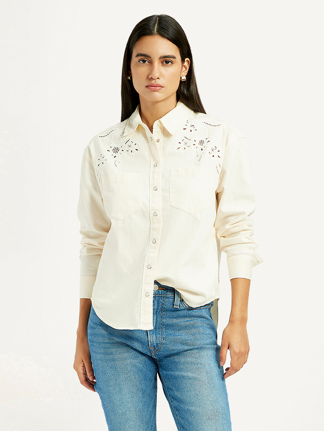Women's Embroidered Cream Spread Collar Shirt