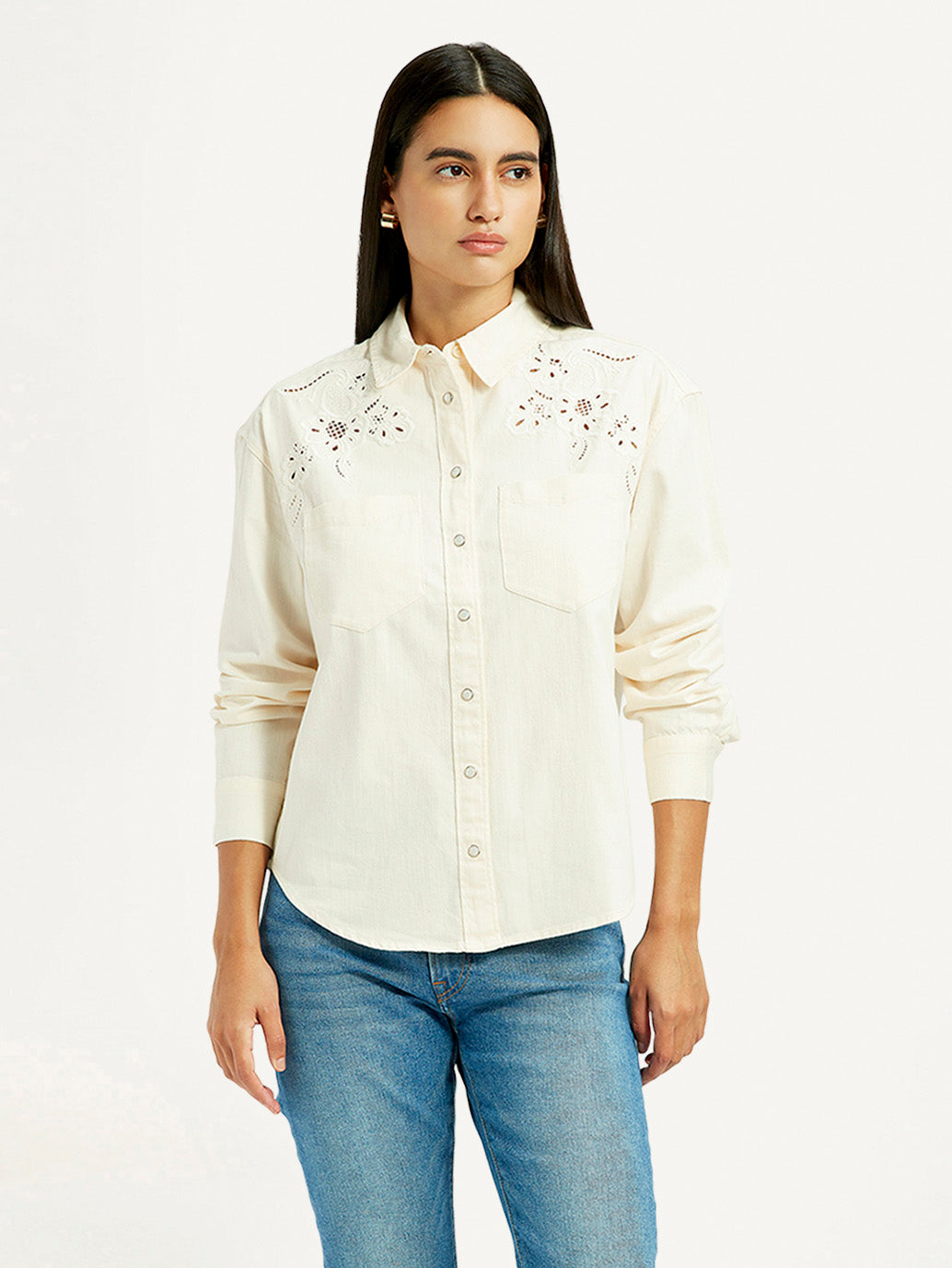 Women's Embroidered Cream Spread Collar Shirt - Front View