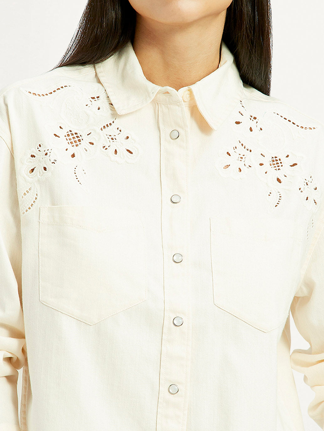 Women's Embroidered Cream Spread Collar Shirt - Detail View