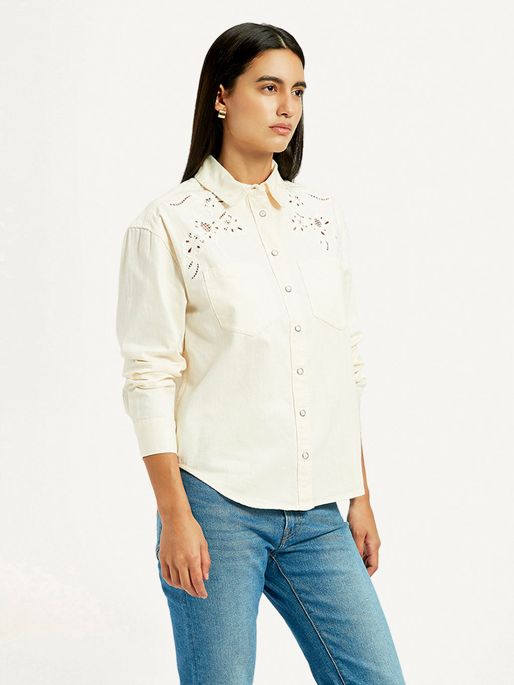 Women's Embroidered Cream Spread Collar Shirt - Side View