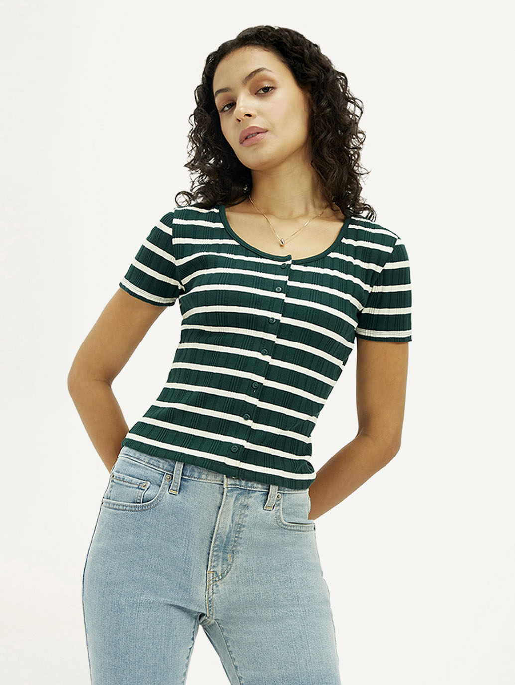 Women's Striped Dark Green Scoop Neck Top - Elevated View
