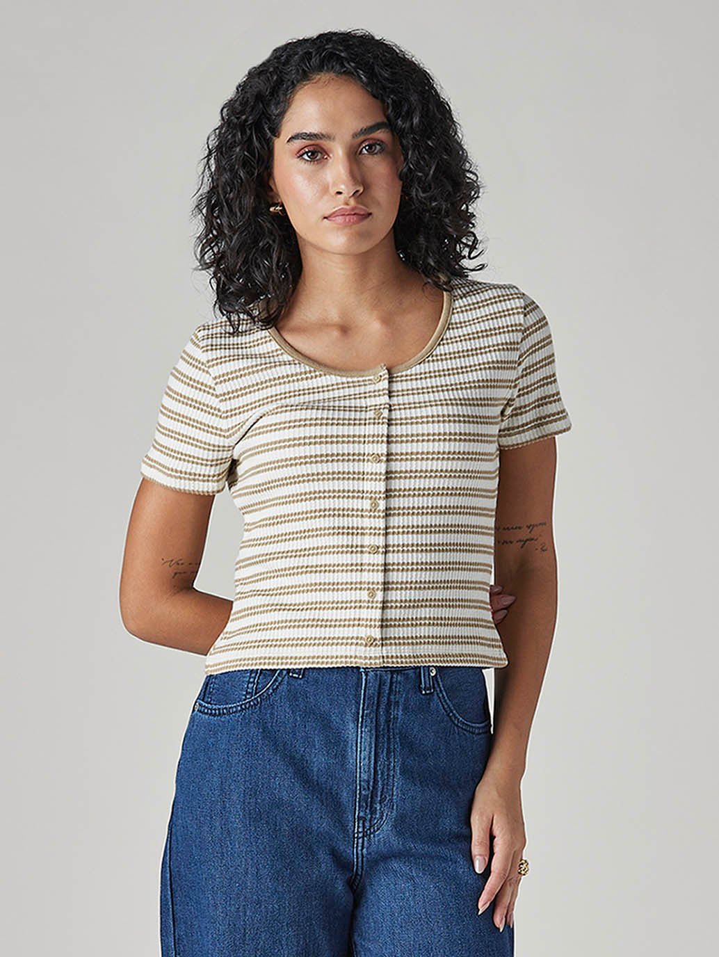 Women's Striped Cream Round Neck Top