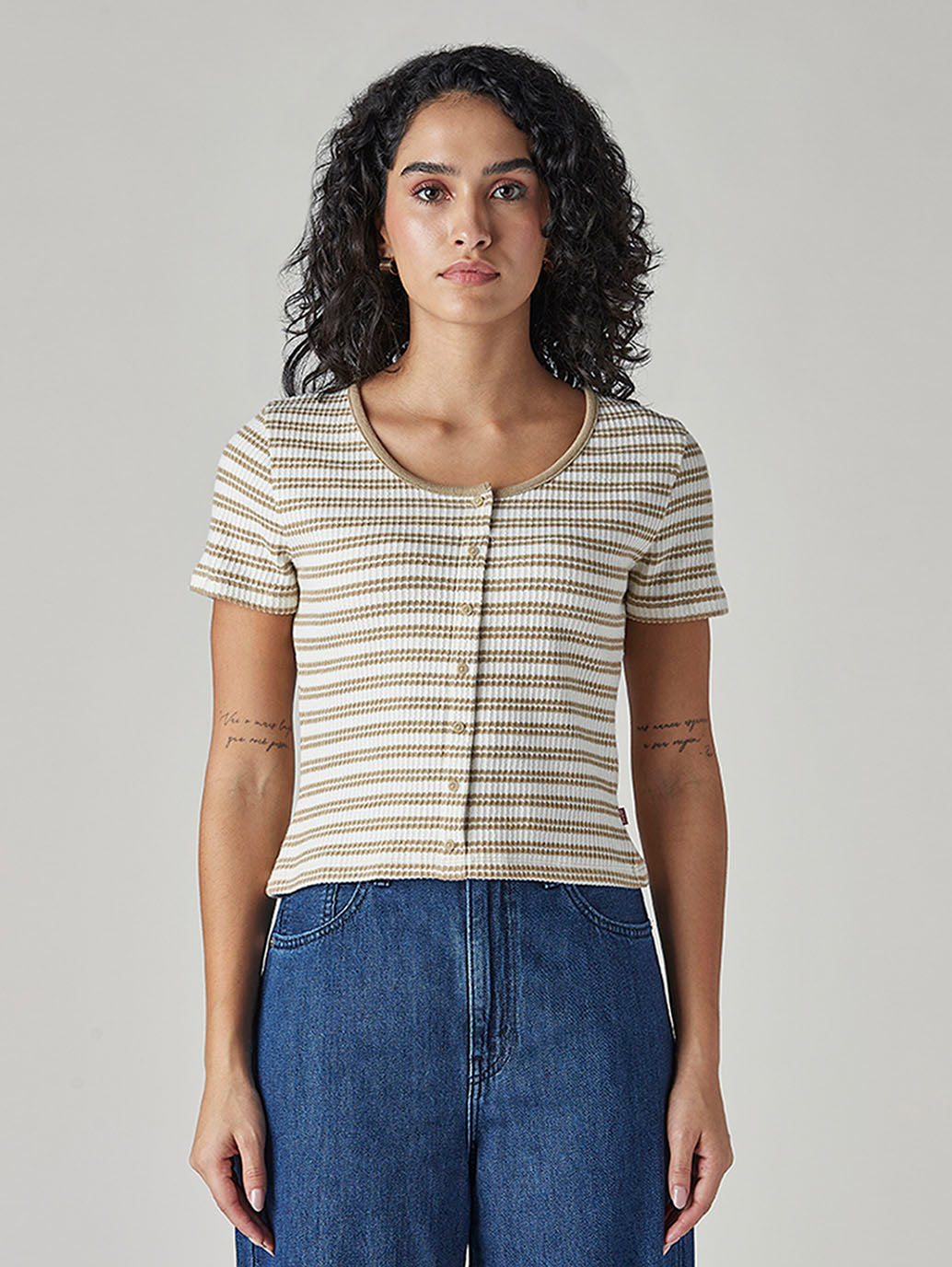Women's Striped Cream Round Neck Top - Front View