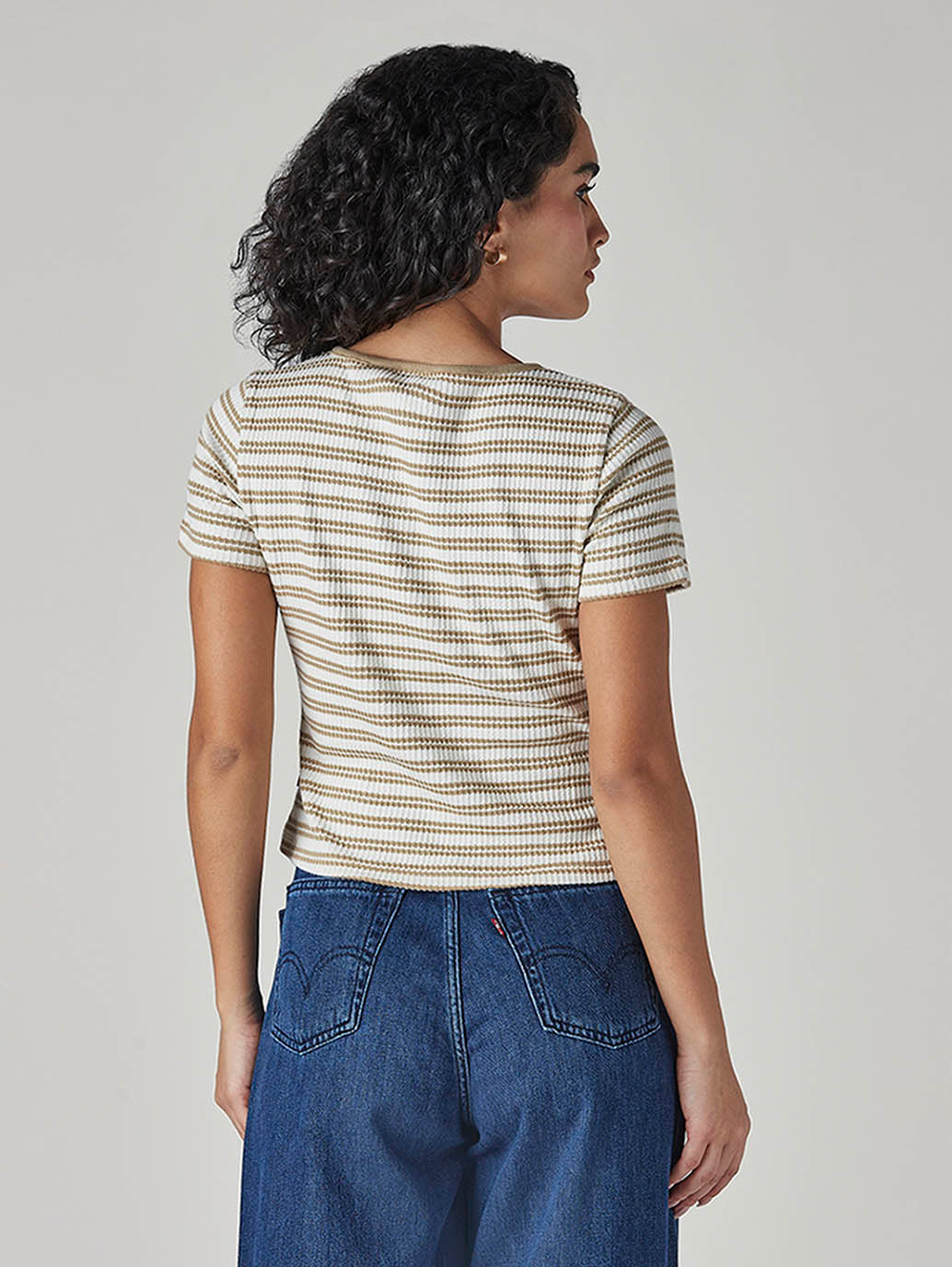 Women's Striped Cream Round Neck Top - Back View